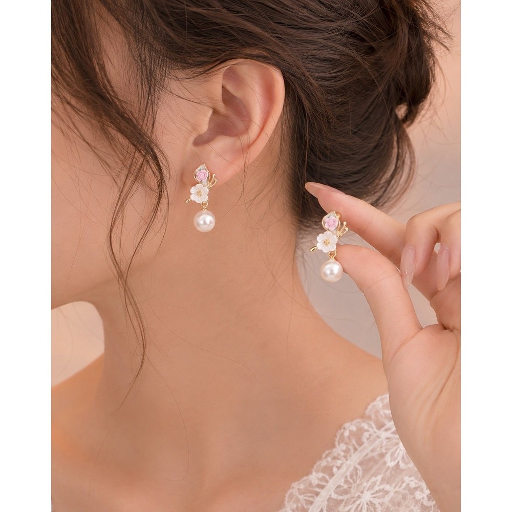 14K Gold Plated Floral Pearl Drop Earrings Pink Rose Romantic Jewelry
